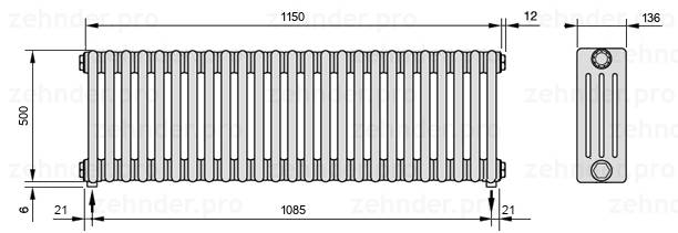 Схема (чертеж) Радиатор Zehnder Charleston 4050/25 №5310 Белый глянцевый RAL 9016